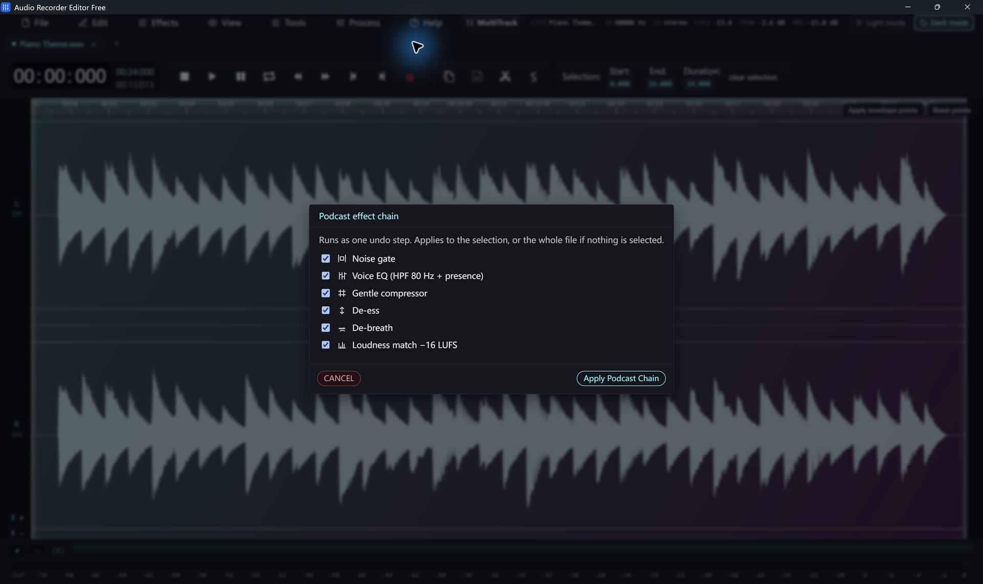 Podcast chain with gate, EQ, compressor, de-ess, de-breath and loudness